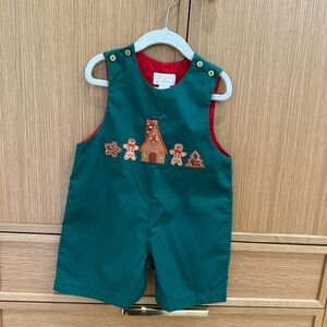 Sir John Festive Green Toddler Romper with Gingerbread Embroidery, Size 2